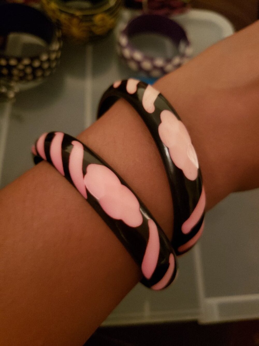 Carved Swirl Pink & Black Acrylic Bangles